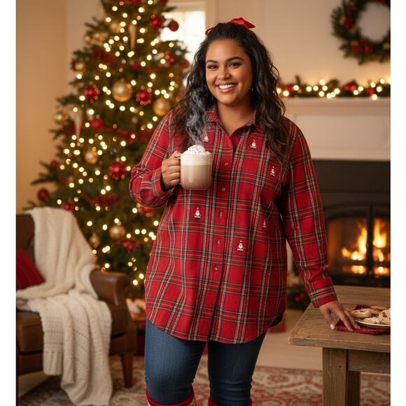 VTG Karen Scott Sport Christmas Button Up Shirt Womens 2X Plaid Holiday Plus - Picture 1 of 6